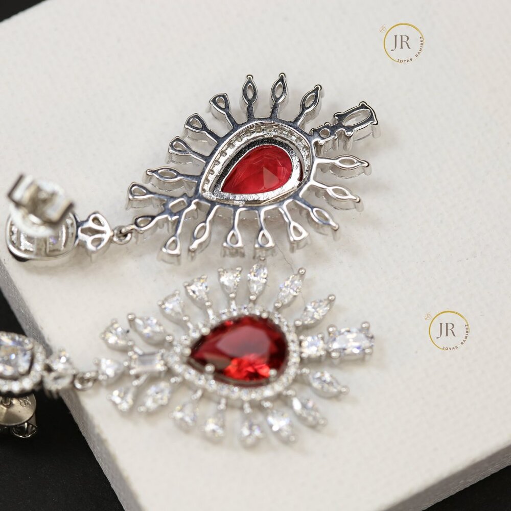 Imperial Blossom .925 Silver Earrings · Ruby CZ · Elegant Floral Design. - Picture 5 of 7